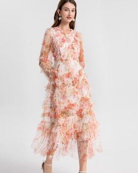 Printing vacation wood ear romantic gauze dress