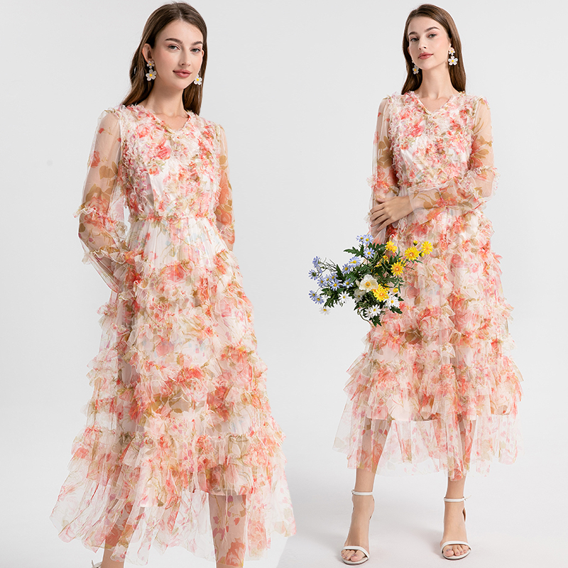 Printing vacation wood ear romantic gauze dress