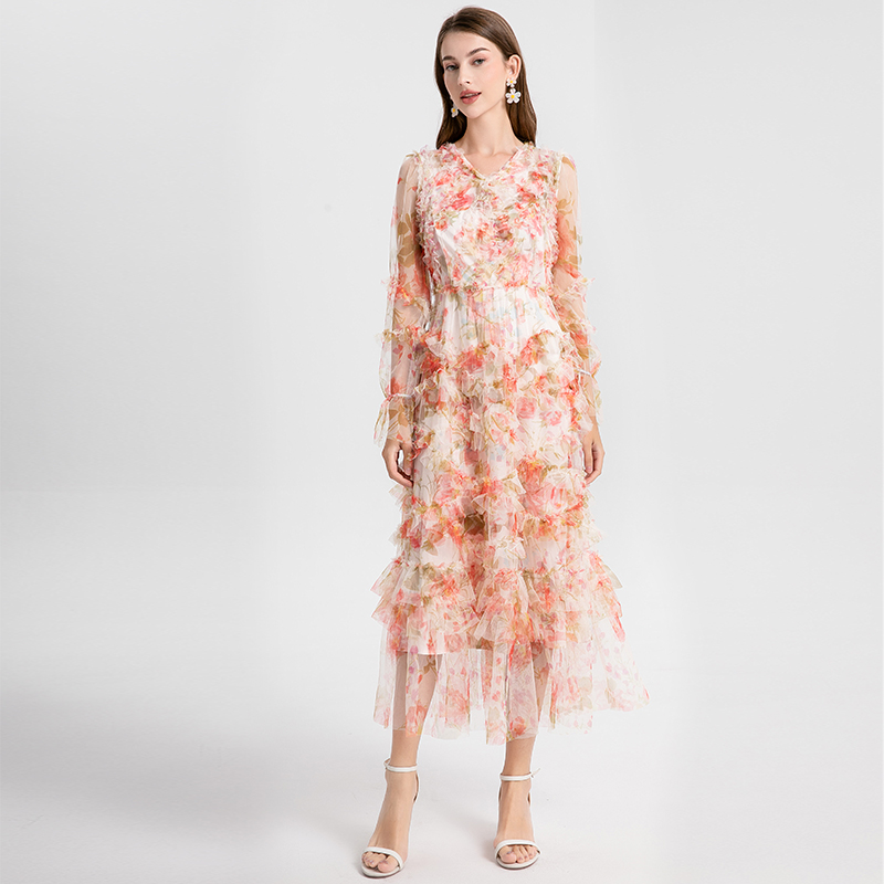 Printing vacation wood ear romantic gauze dress