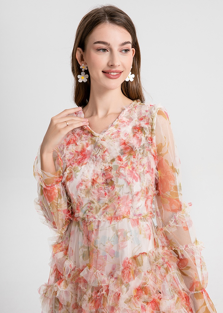 Printing vacation wood ear romantic gauze dress