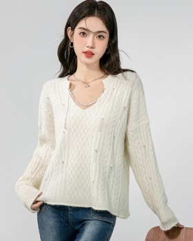 Lazy V-neck sweater hollow autumn tops for women