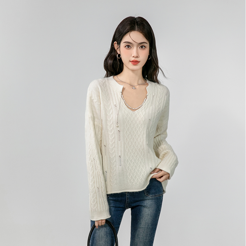 Lazy V-neck sweater hollow autumn tops for women