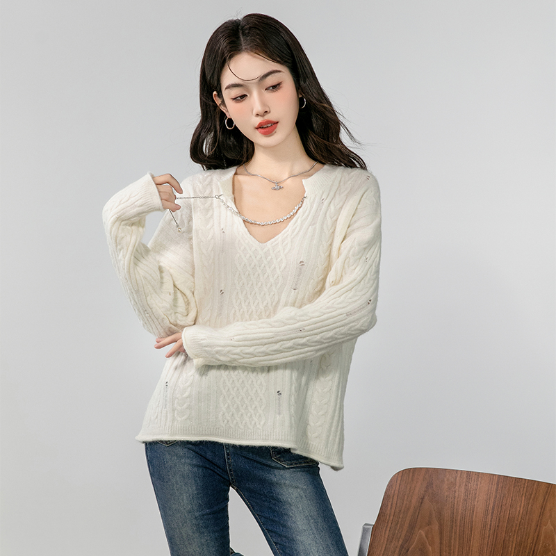 Lazy V-neck sweater hollow autumn tops for women