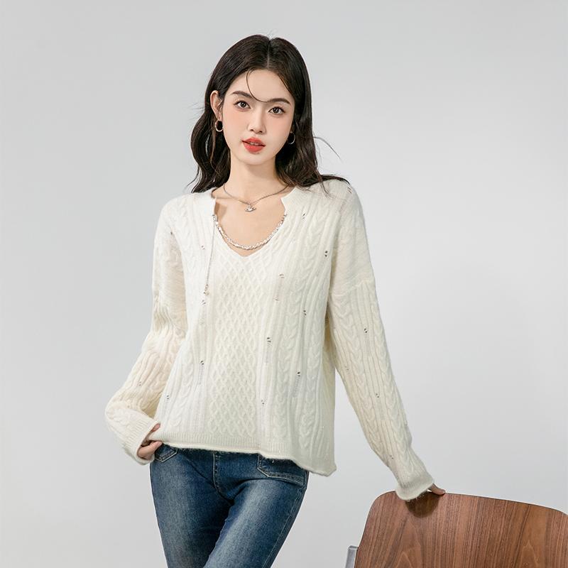 Lazy V-neck sweater hollow autumn tops for women