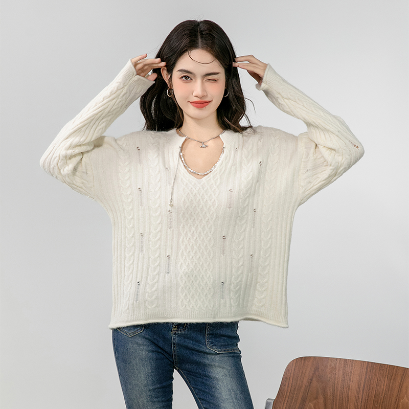 Lazy V-neck sweater hollow autumn tops for women