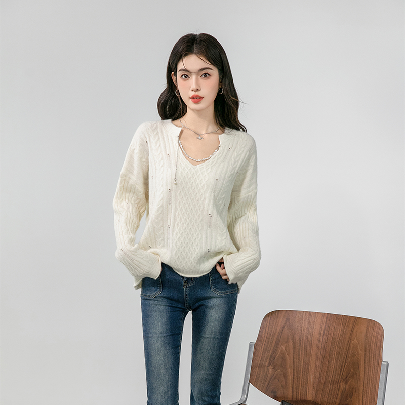 Lazy V-neck sweater hollow autumn tops for women