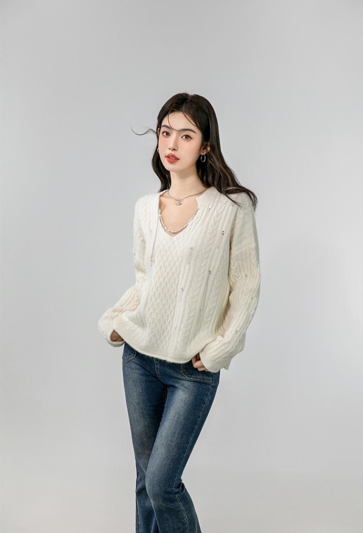 Lazy V-neck sweater hollow autumn tops for women