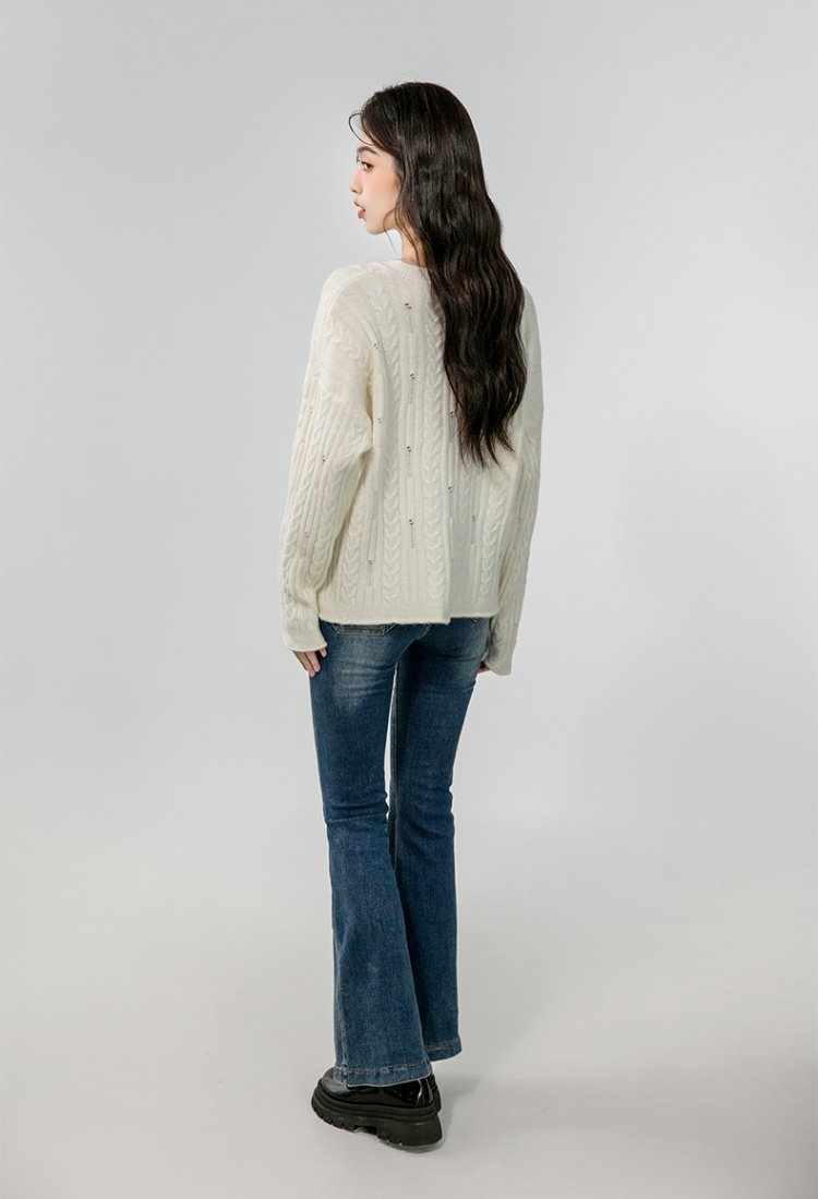 Lazy V-neck sweater hollow autumn tops for women