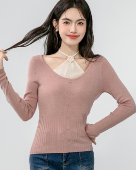 Pseudo-two V-neck sweater thin enticement tops for women