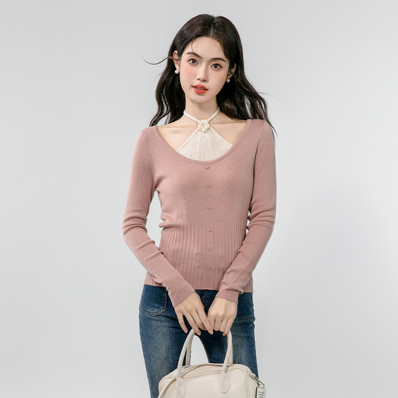 Pseudo-two V-neck sweater thin enticement tops for women