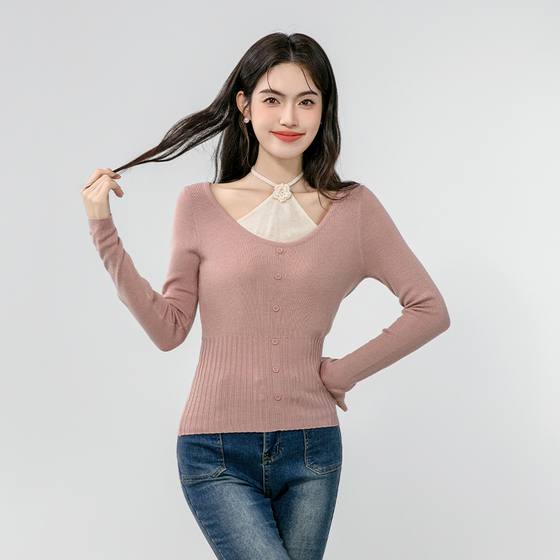 Pseudo-two V-neck sweater thin enticement tops for women