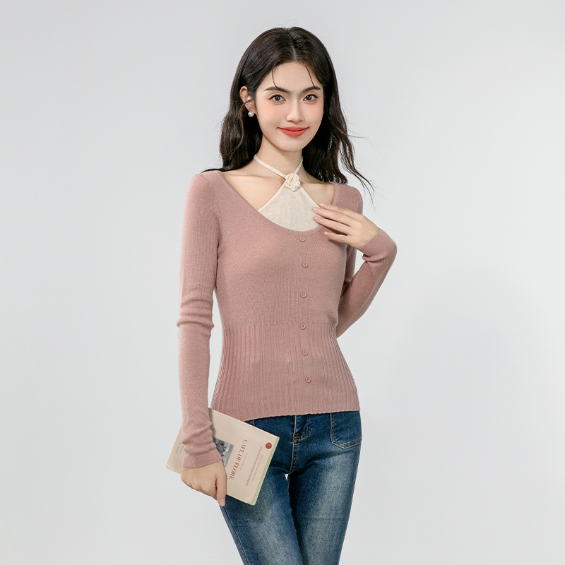 Pseudo-two V-neck sweater thin enticement tops for women