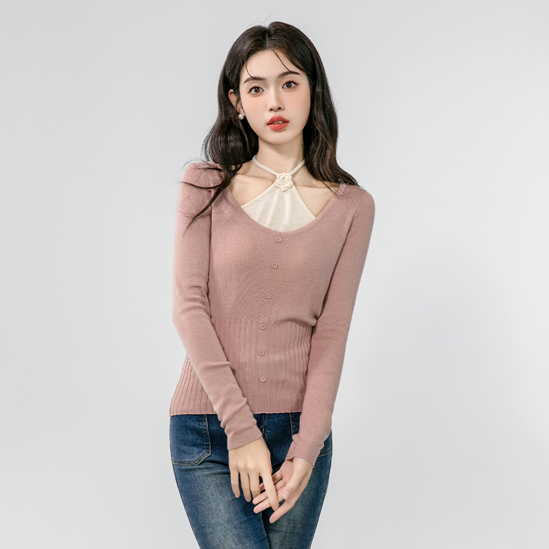 Pseudo-two V-neck sweater thin enticement tops for women