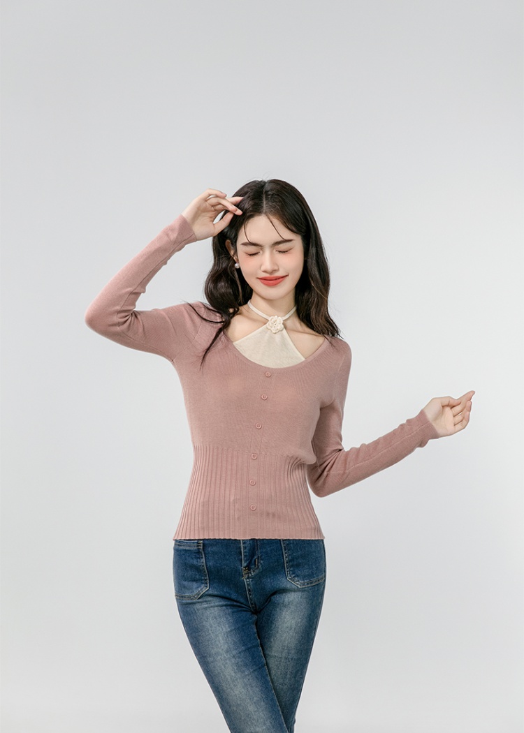 Pseudo-two V-neck sweater thin enticement tops for women