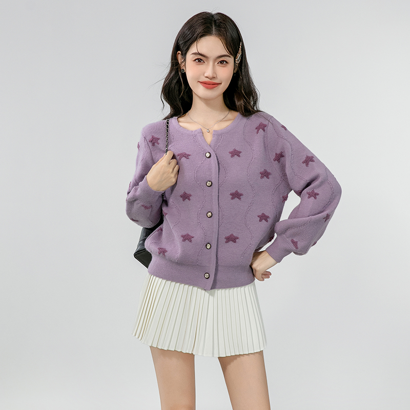 Short France style sweater long sleeve purple cardigan