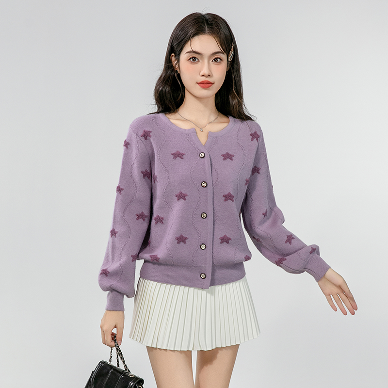 Short France style sweater long sleeve purple cardigan