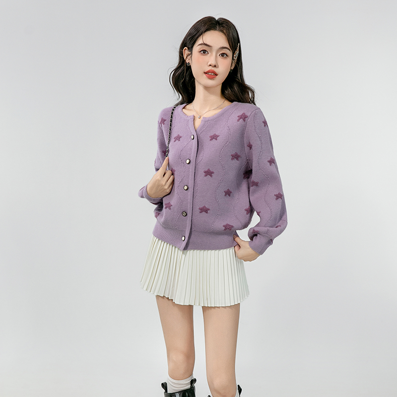 Short France style sweater long sleeve purple cardigan