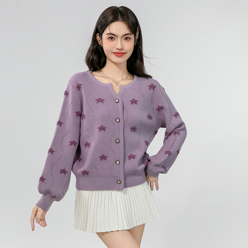 Short France style sweater long sleeve purple cardigan