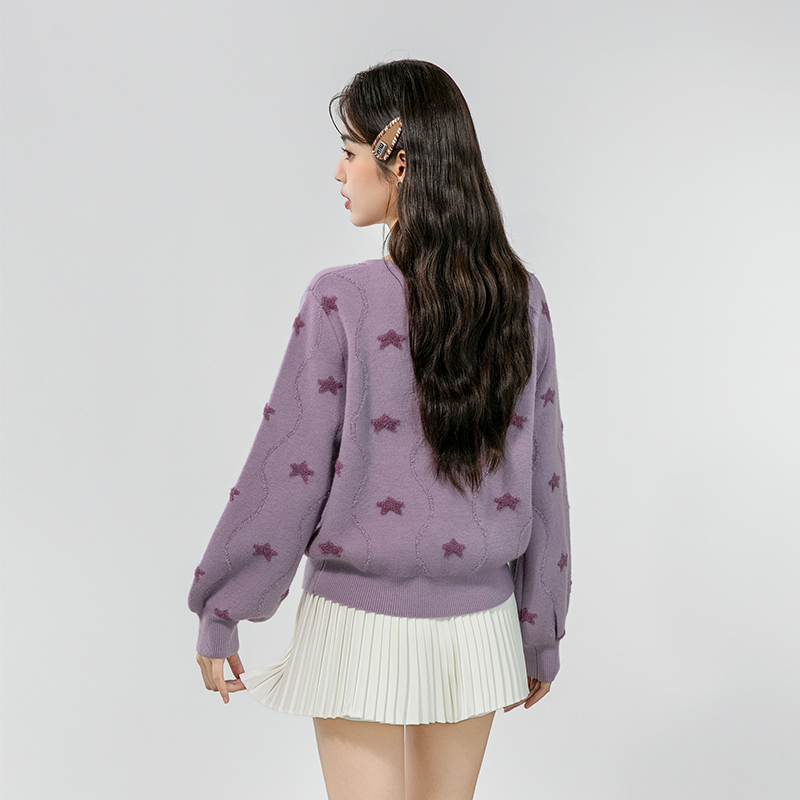 Short France style sweater long sleeve purple cardigan