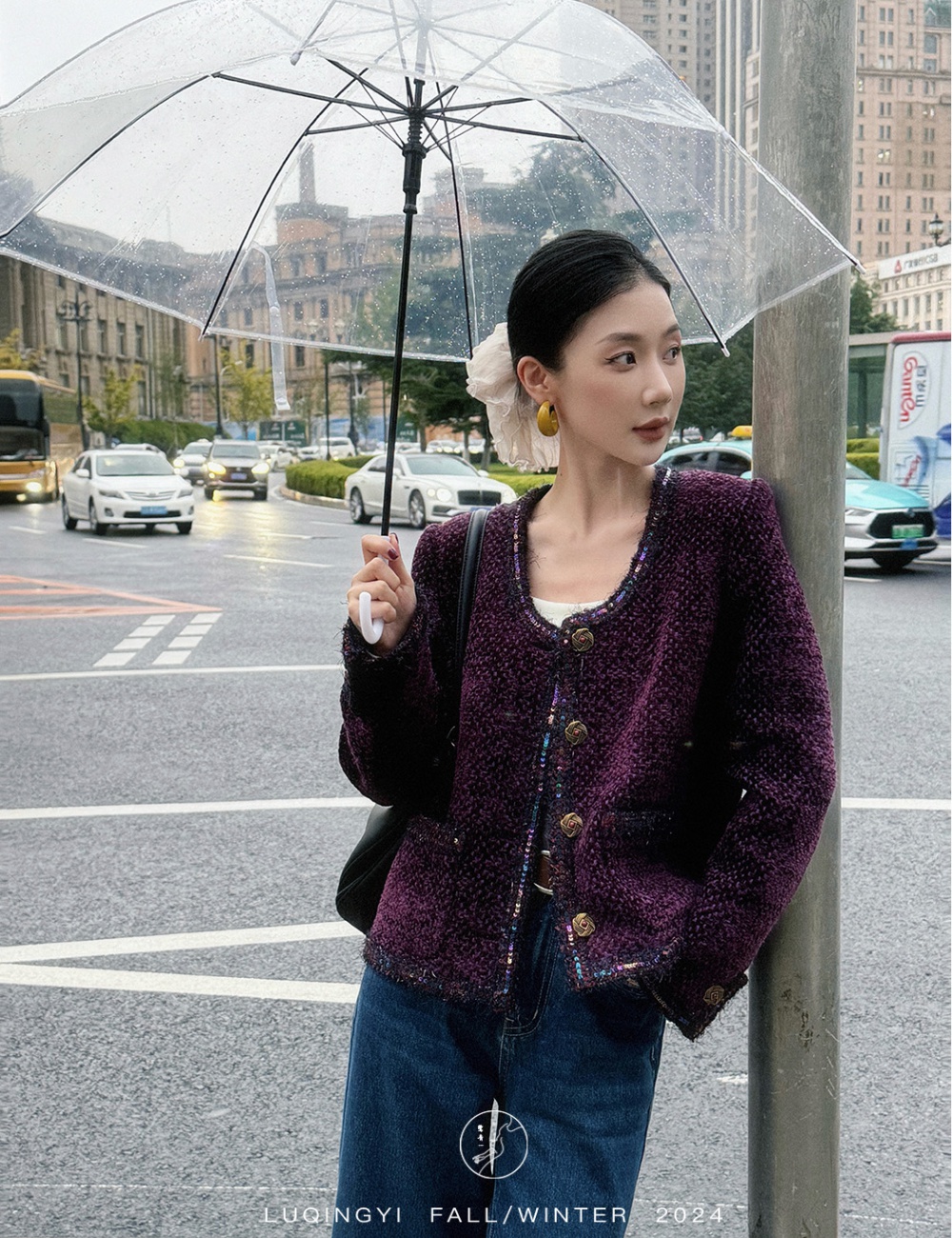 Retro round neck autumn coat weave chanelstyle tops