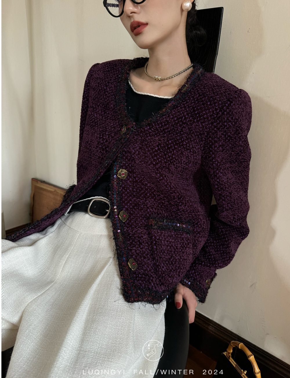 Retro round neck autumn coat weave chanelstyle tops