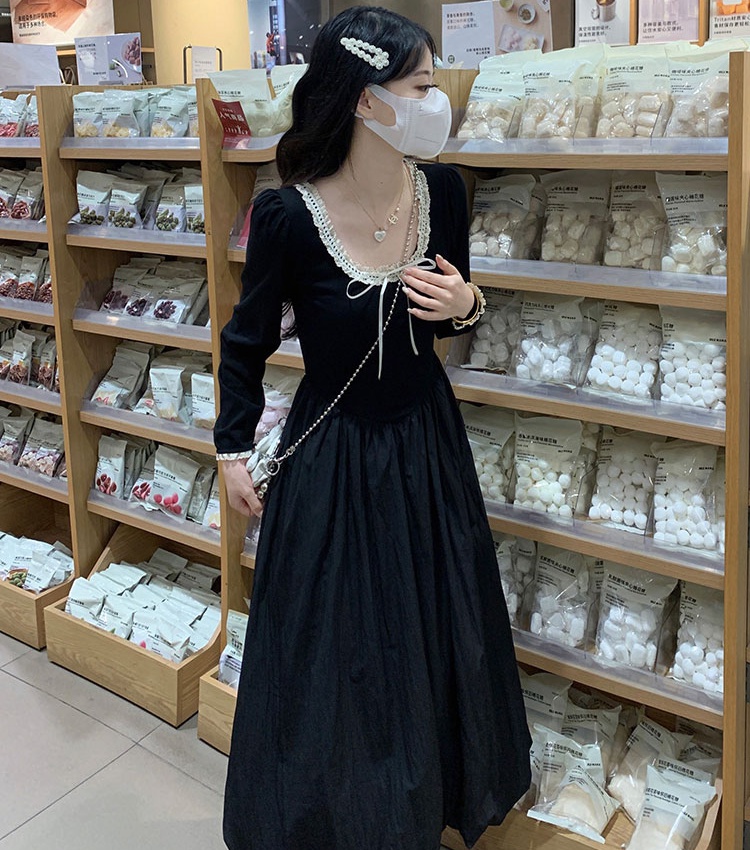 Pinched waist long sleeve dress niche long dress