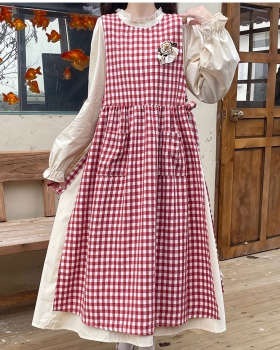 Long sleeve autumn sleeveless dress plaid smock 2pcs set