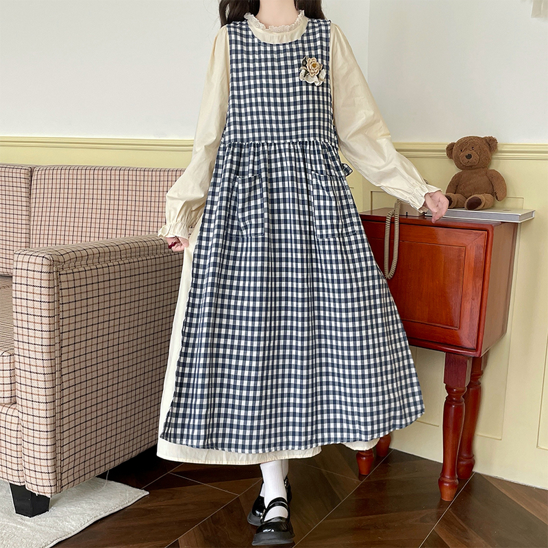 Long sleeve autumn sleeveless dress plaid smock 2pcs set