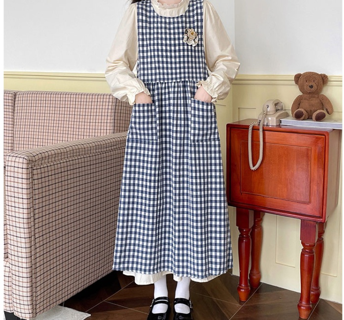 Long sleeve autumn sleeveless dress plaid smock 2pcs set