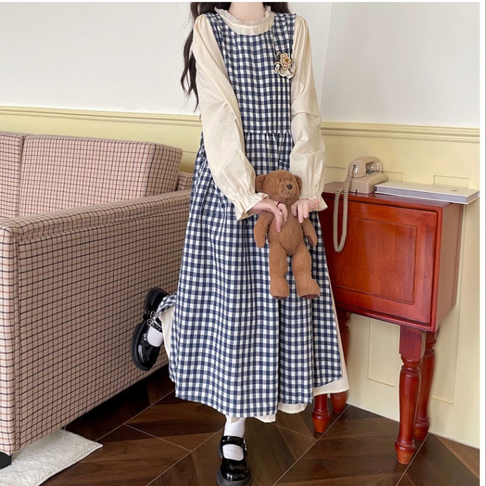 Long sleeve autumn sleeveless dress plaid smock 2pcs set