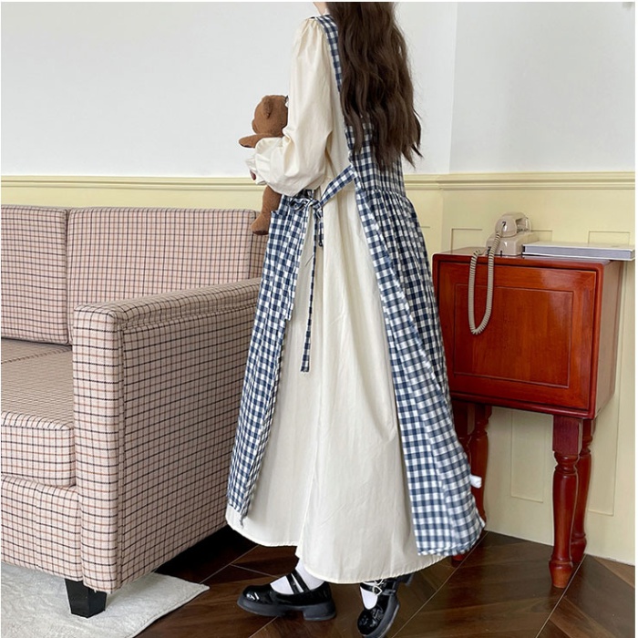 Long sleeve autumn sleeveless dress plaid smock 2pcs set