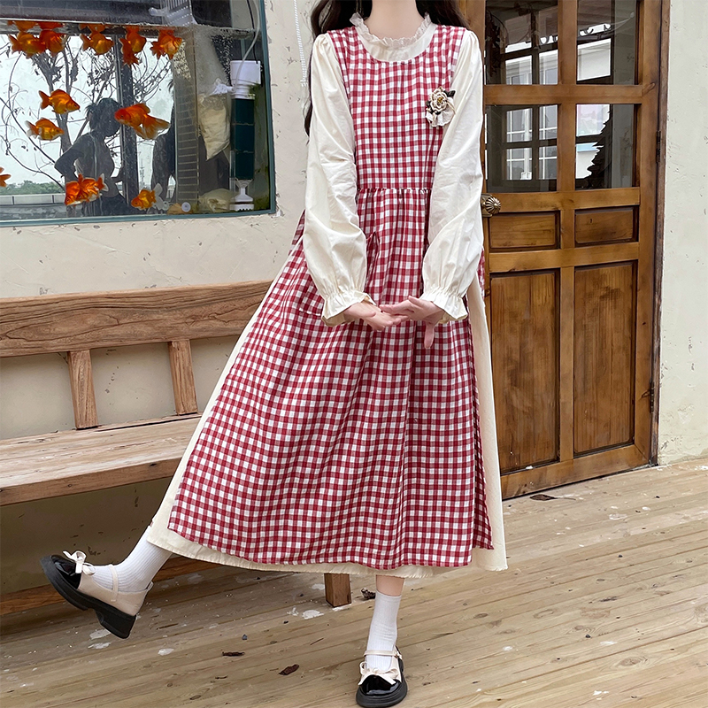 Long sleeve autumn sleeveless dress plaid smock 2pcs set