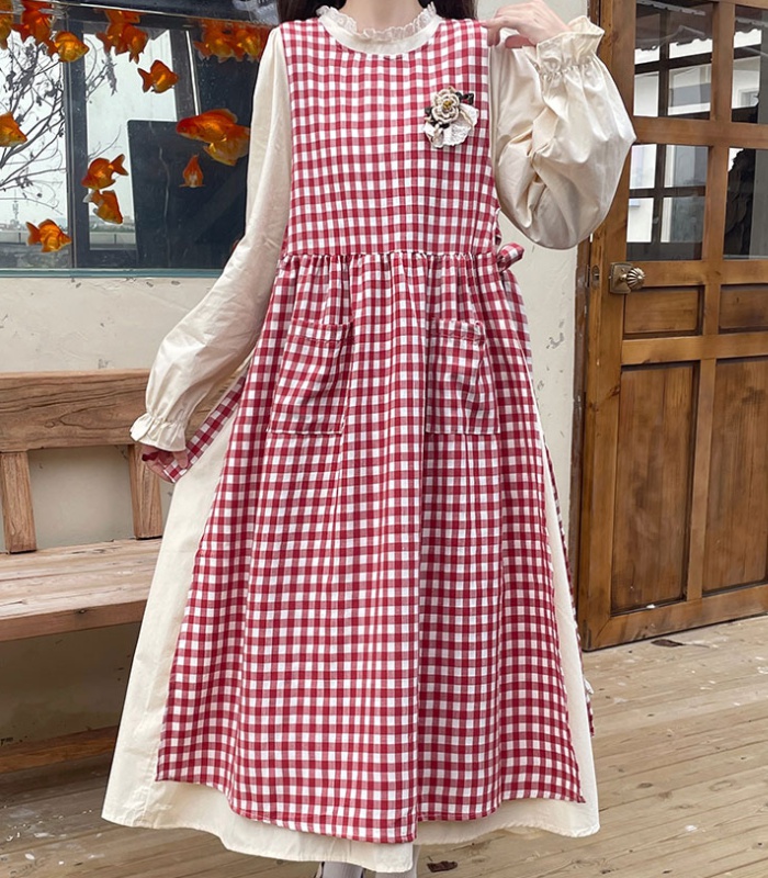 Long sleeve autumn sleeveless dress plaid smock 2pcs set