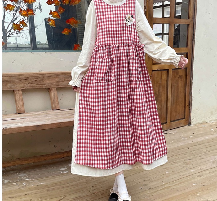 Long sleeve autumn sleeveless dress plaid smock 2pcs set