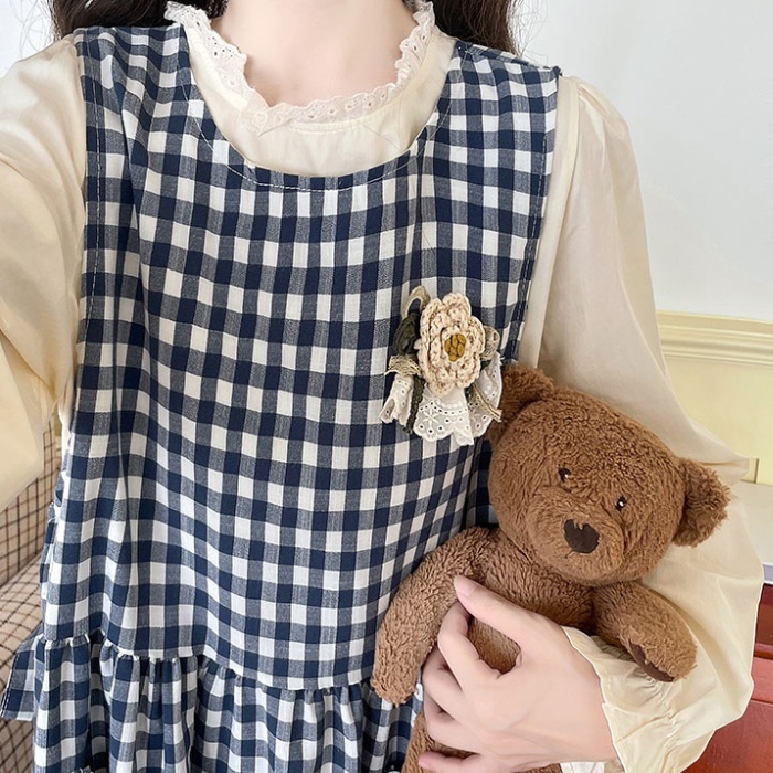 Long sleeve autumn sleeveless dress plaid smock 2pcs set