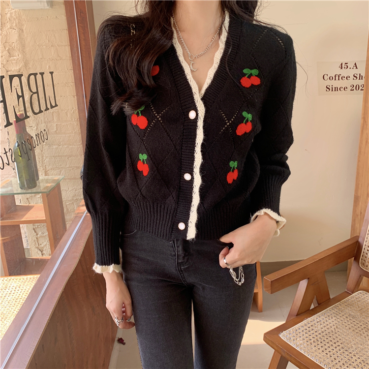 All-match cherry long sleeve sweater lovely sweet cardigan