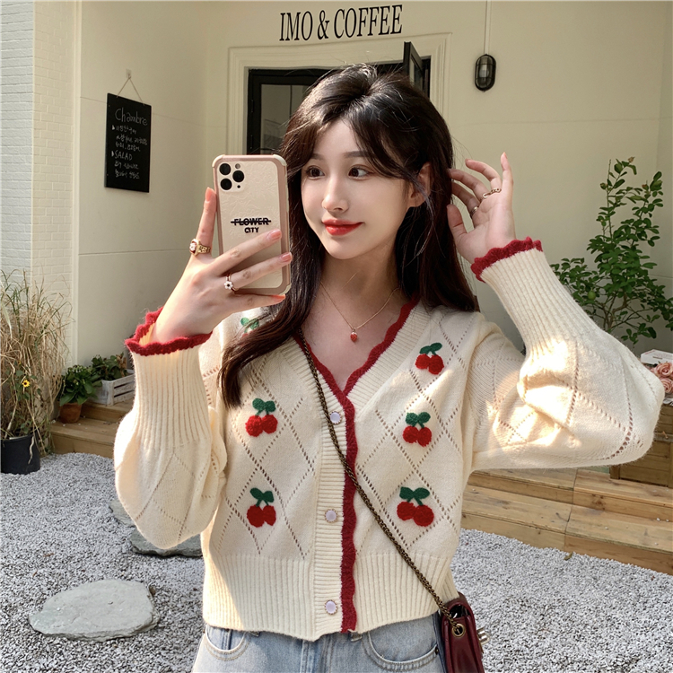 All-match cherry long sleeve sweater lovely sweet cardigan