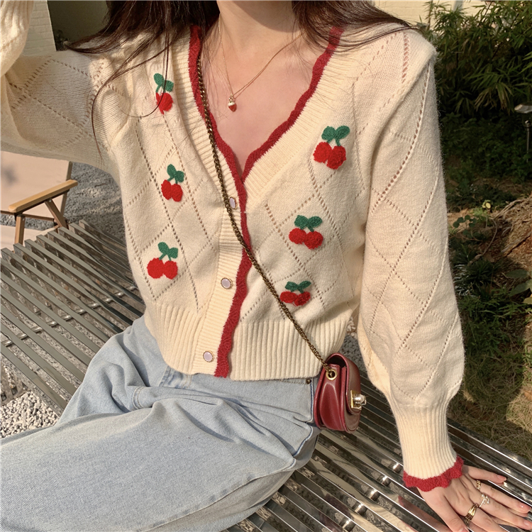 All-match cherry long sleeve sweater lovely sweet cardigan