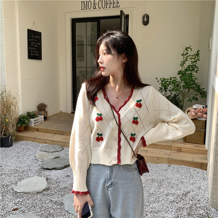 All-match cherry long sleeve sweater lovely sweet cardigan