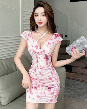 Short gauze sexy halter package hip low-cut printing dress