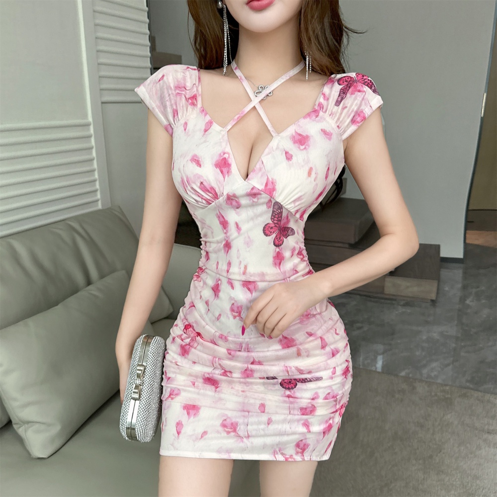 Short gauze sexy halter package hip low-cut printing dress