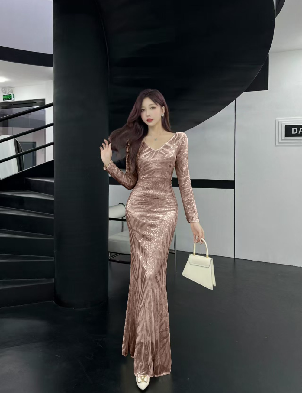 Sequins silver formal dress light luxury dress