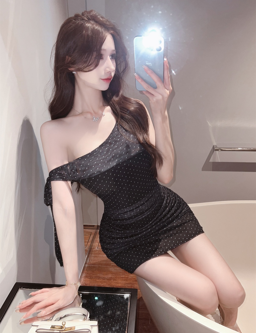 Gauze sexy package hip shoulder short polka dot dress