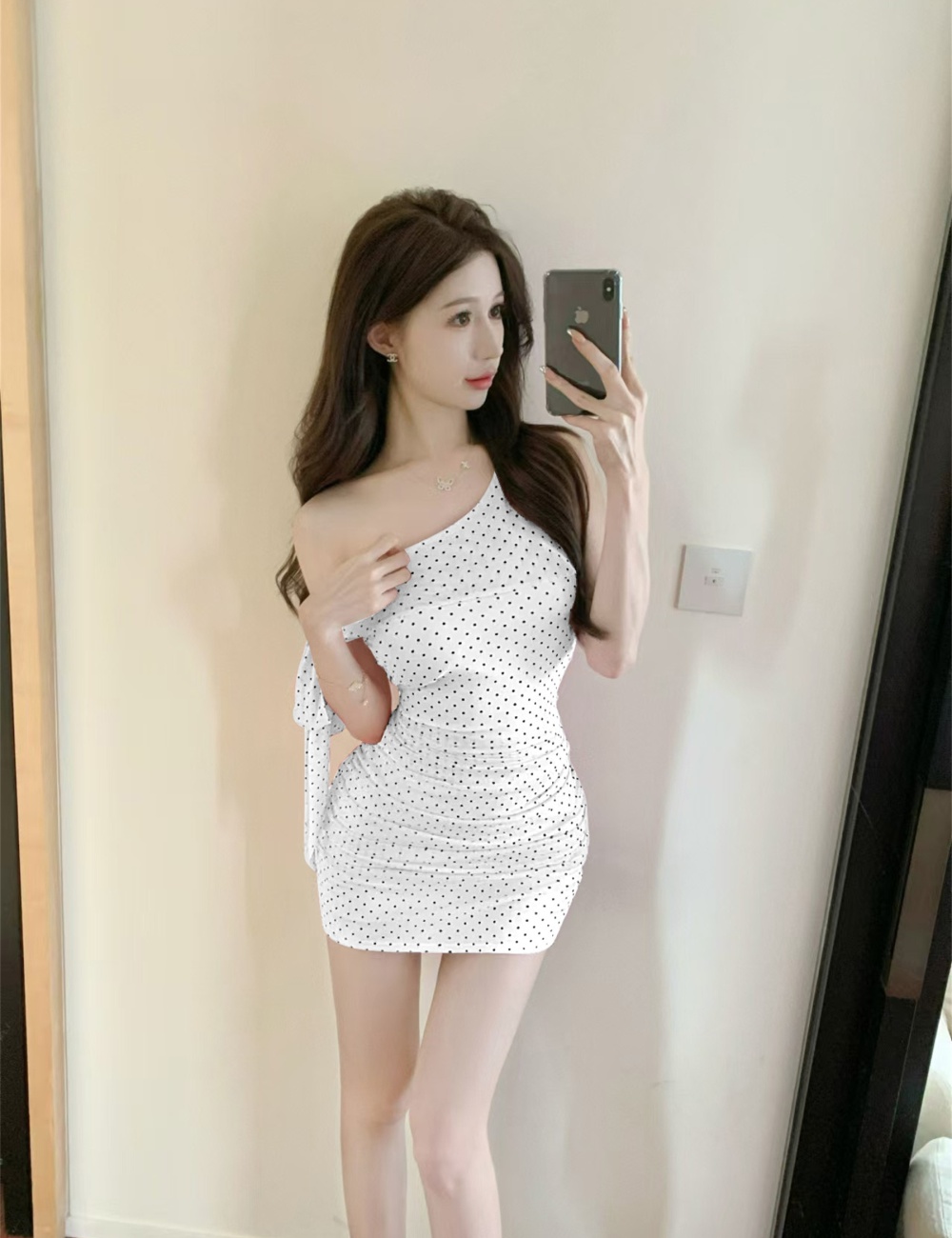 Gauze sexy package hip shoulder short polka dot dress