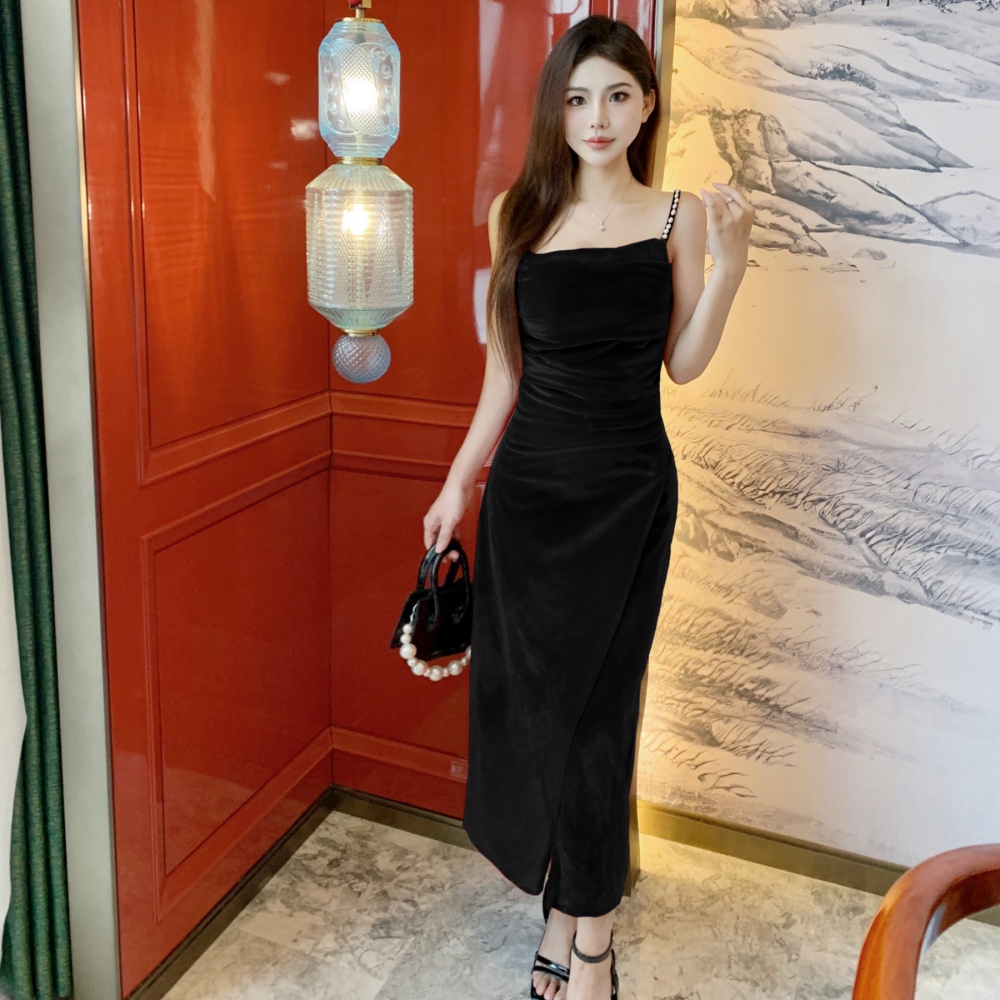 Slim velvet pinched waist retro split sling dress