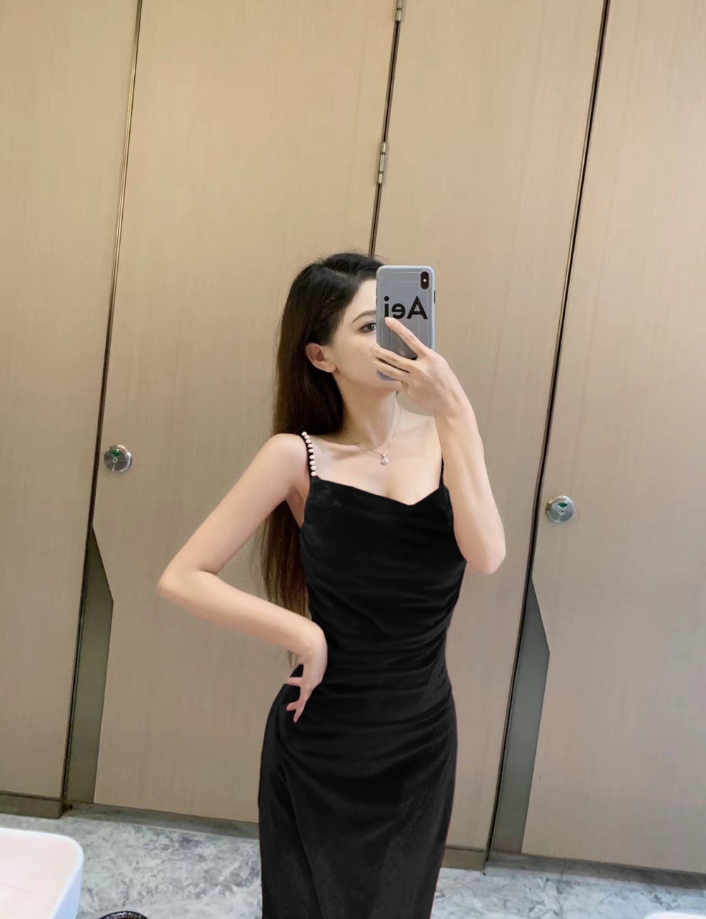 Slim velvet pinched waist retro split sling dress