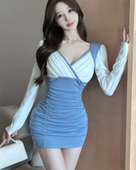 Low-cut splice sexy package hip fashion slim dress