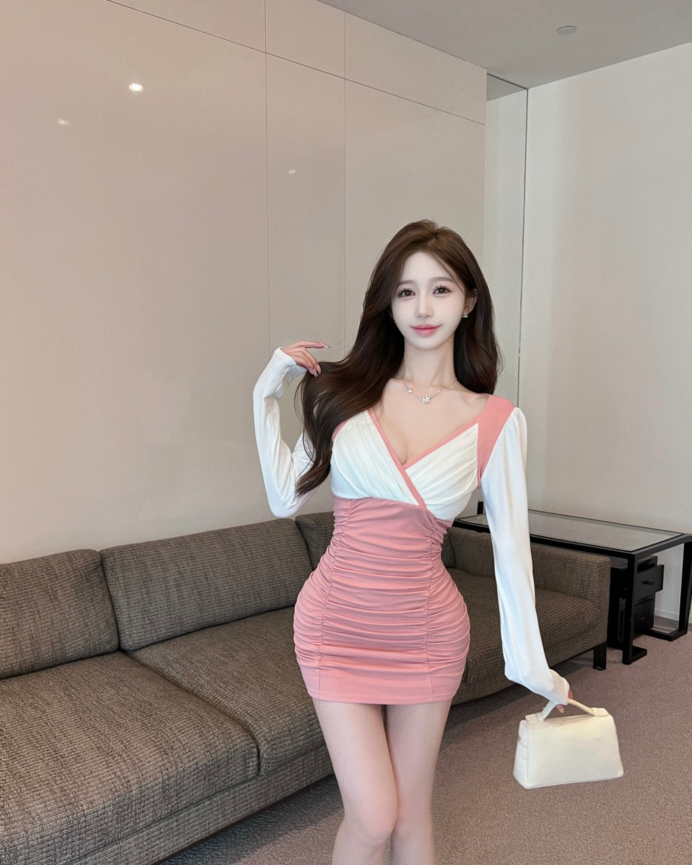 Low-cut splice sexy package hip fashion slim dress