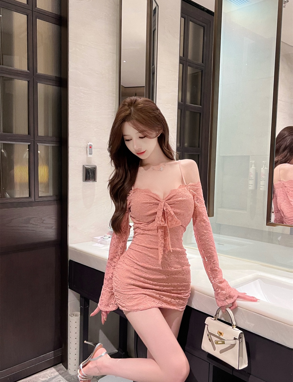 Tight hollow long sleeve sexy drawstring dress