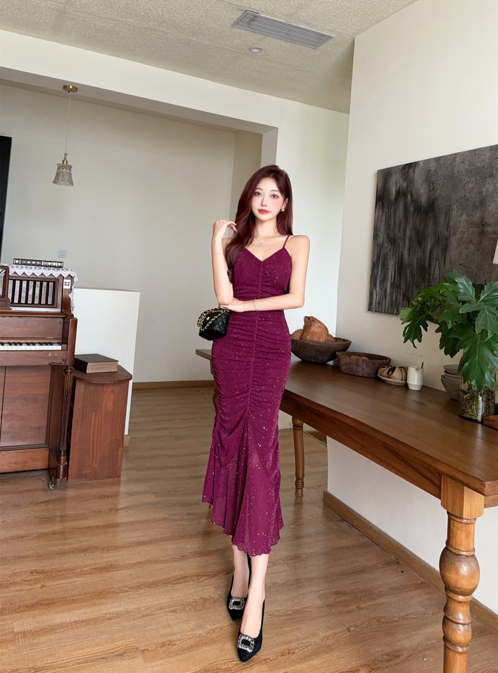 Retro slim dress pinched waist formal dress for women